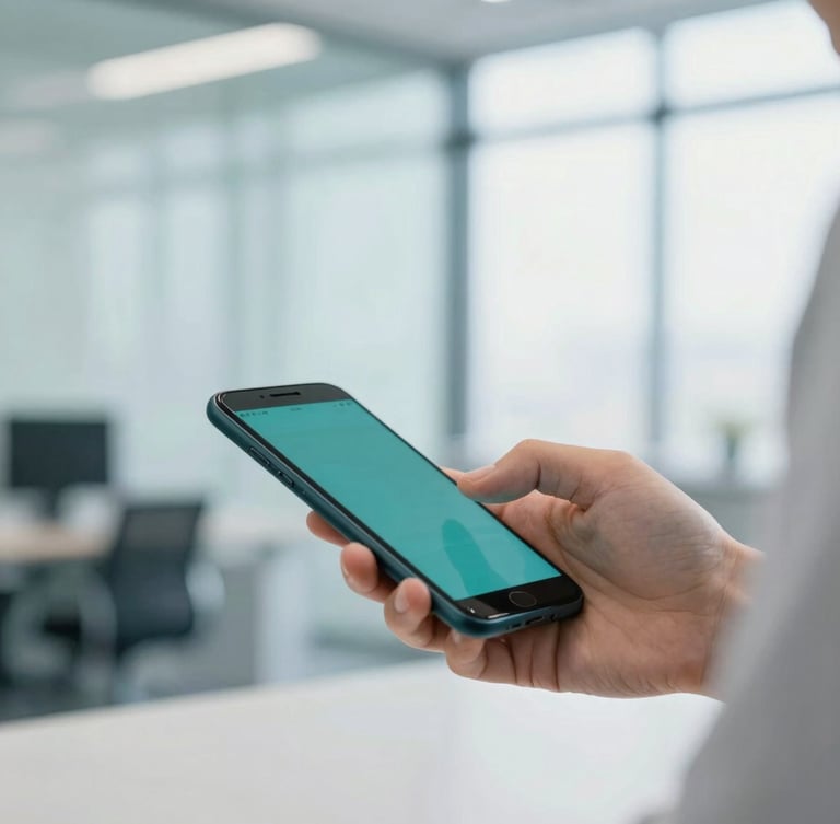 Close-up of a business owner's hand typing on a smartphone, with a blurred background of a modern office, bright natural light, cool corporate tones, digital teal accents