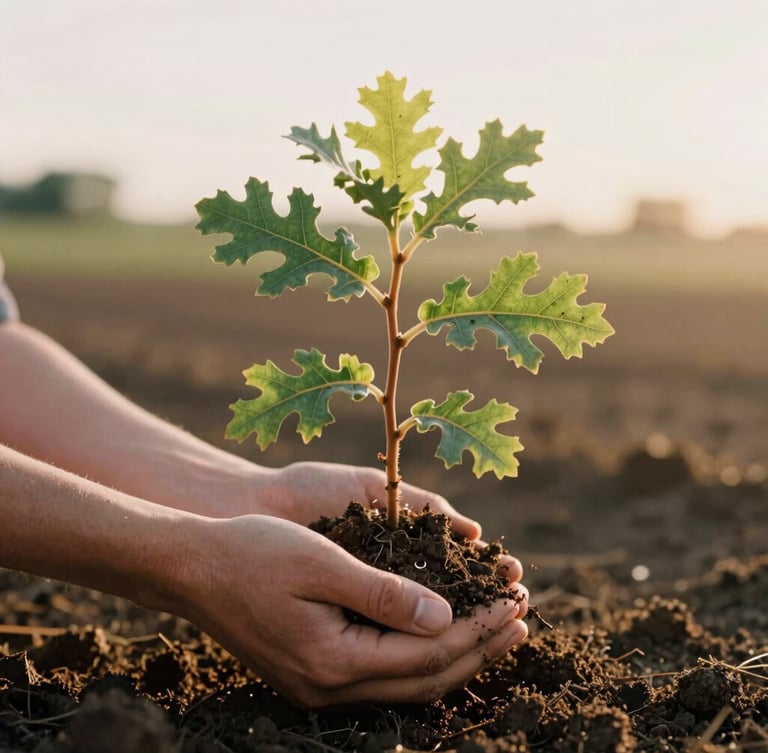 Close-up of hands holding a native California oak sapling, warm golden-hour sunlight, rich dark soil, 35mm film style