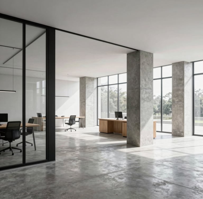Architectural photography of a modern minimalist open-plan office with polished concrete floor, raw concrete pillars, abundant natural light, and matte black steel accents.