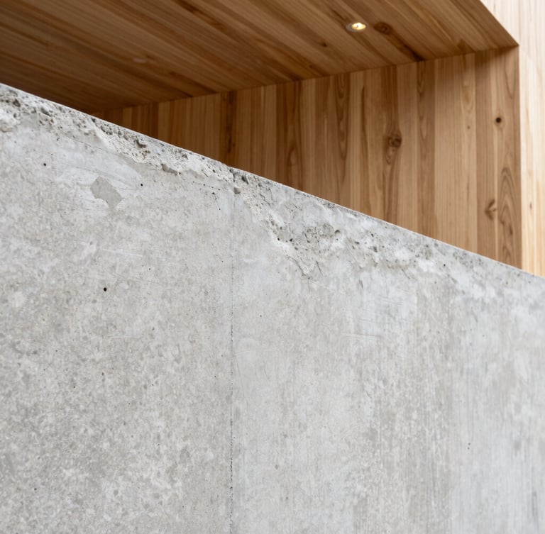 Macro detail of raw concrete texture meeting warm oak wood paneling, architectural lighting, sharp focus on material transition