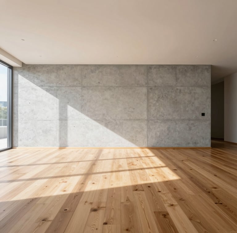 Architectural photography, bright natural daylight, clean minimalist interior with concrete wall and oak wood floor, wide-angle lens, sharp shadows