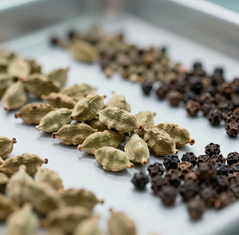 A pristine, close-up shot of raw agricultural spices sorted in a clean-room facility, sharp focus on textured cardamom and black pepper, neutral clinical lighting.