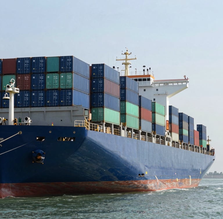 Crisp daylight shot of a massive container ship docked at an Indian deep-water port, loaded with blue and green shipping containers, maritime atmosphere.