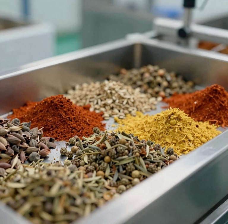 A close-up of sorted grade-A agricultural spices inside a pristine, sterile processing facility, sharp clinical lighting, stainless steel surfaces, focus on quality verification.