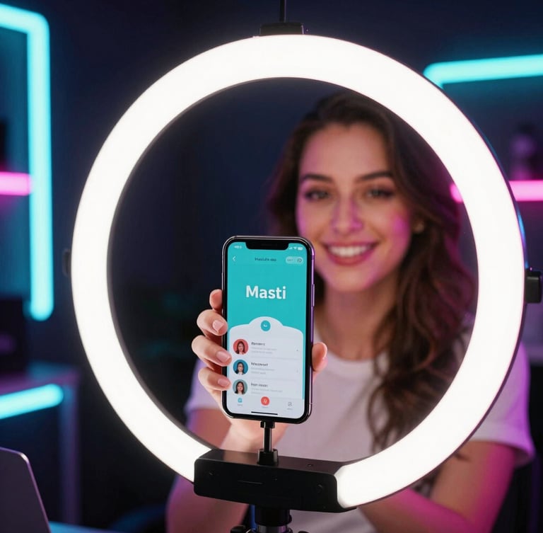 A medium close-up of a professional female creator live-streaming in her home studio, illuminated by vibrant pink and cyan neon ring-lights, holding a smartphone showing the Masti app interface.