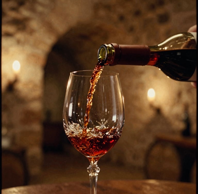 Close-up of Hungarian red wine being poured into a crystal glass inside a historic, dimly lit stone cellar in Tokaj, warm candlelight reflecting on the rich amber liquid, editorial composition, 35mm film.