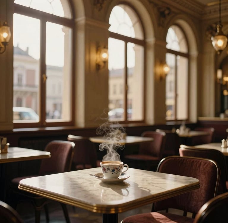 Cinematic wide shot of a historic Budapest cafe interior, warm golden-hour light streaming through tall windows, steam rising from a porcelain coffee cup on a marble table, 35mm film look.