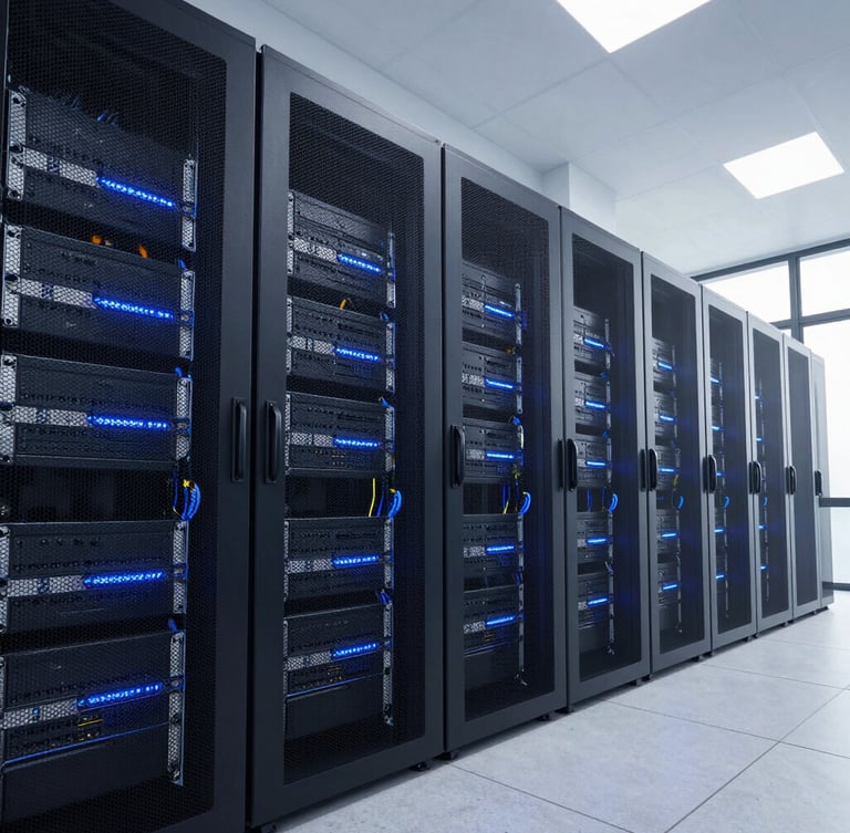 Wide-angle architectural shot of a modern server room with clean blue LED lighting, structured cabling racks perfectly aligned, high-end technical environment.