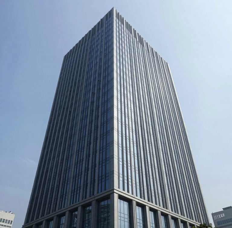 Modern glass skyscraper corporate headquarters in Jakarta, clean architectural lines, bright daylight with soft blue sky, professional corporate aesthetic