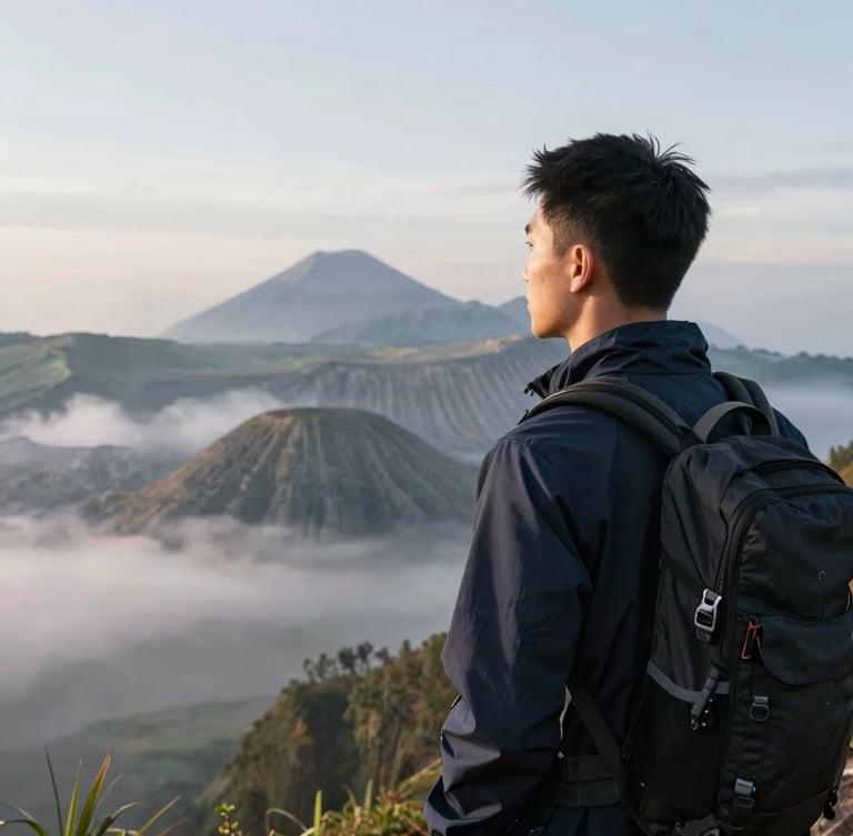 A serene portrait of a modern traveler looking out at a misty Indonesian mountain range at sunrise, clean composition, soft natural morning light.