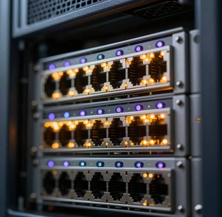 Extreme macro close-up of a physical server rack chassis with glowing amber and violet network indicator lights, sharp focus, dark background.