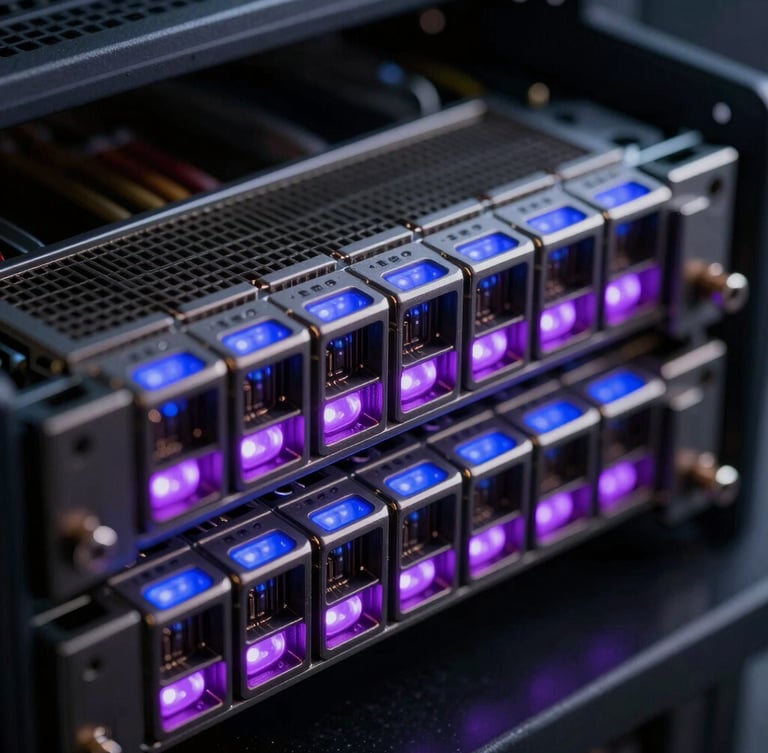 Extreme macro close-up of physical server rack blades glowing with electric cobalt and vivid violet LED lights, high-contrast digital environment, sharp depth of field.