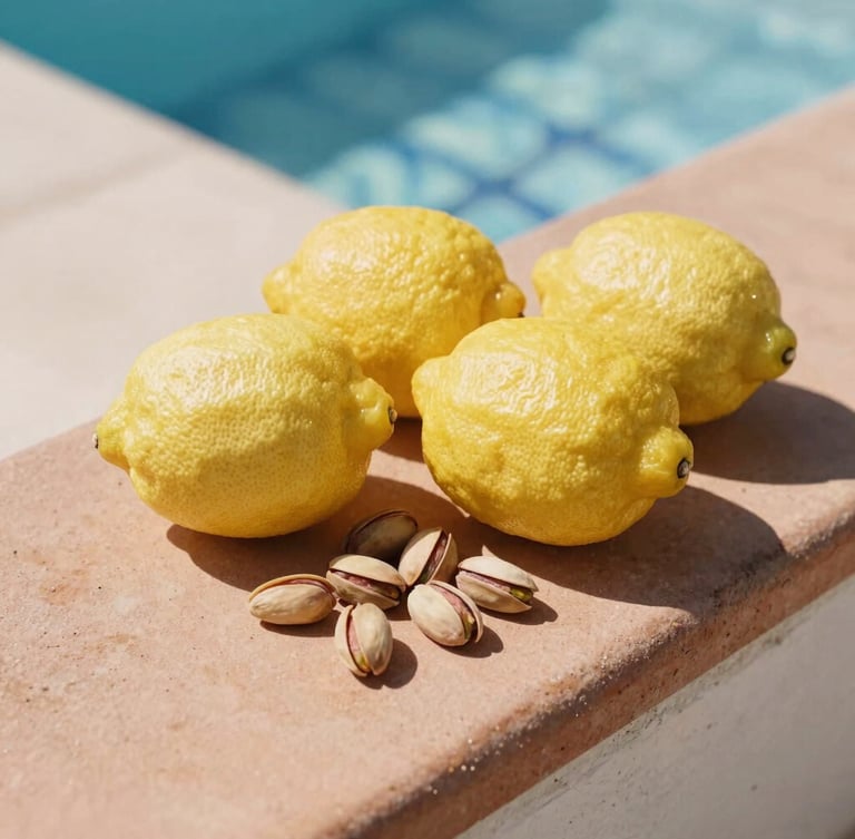 Close-up of rough-skinned Sicilian lemons and unpolished Bronte pistachios on a sun-drenched terracotta ledge, sharp warm shadows, 35mm editorial photography