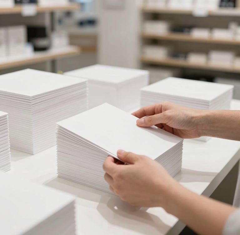 Close-up photograph of hands organizing physical inventory in a bright, modern boutique warehouse, natural daylight, high contrast.