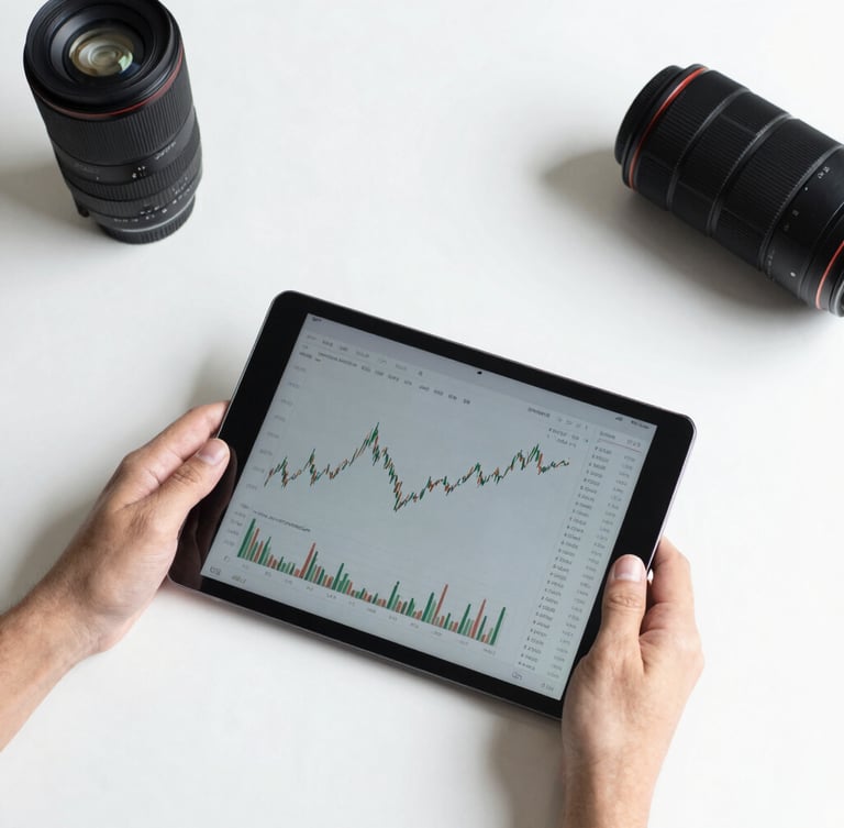 Flat-lay composition of a clean modern workspace, hands using a tablet displaying financial charts, crisp daylight, high-contrast cool tones.