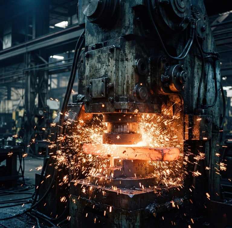 Dramatic close-up of heavy industrial machinery stamping raw steel, cool steel tones with bright safety orange sparks, high-contrast warehouse lighting, sharp 35mm lens.