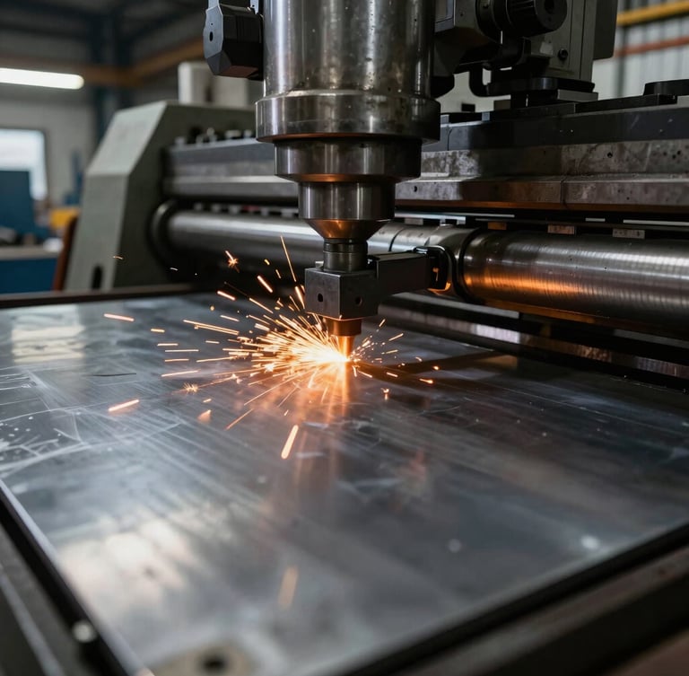 Macro close-up of heavy industrial stamping machinery pressing raw steel sheets, dramatic high-contrast warehouse lighting, safety orange sparks, cool metallic atmosphere.