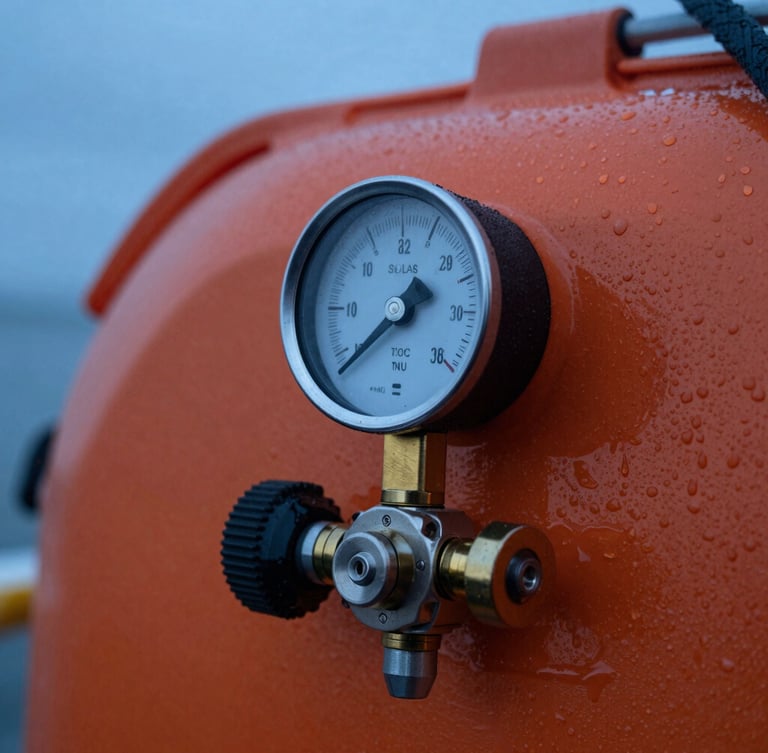 Macro technical close-up of a SOLAS-certified orange life raft inflation valve and pressure gauge, wet with sea spray under cool blue hour lighting.