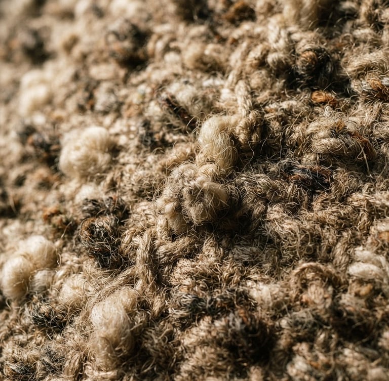 Portrait orientation, tight macro shot of coarse raw wool and linen fiber weaves, low-angle afternoon window light casting deep shadows, warm earthy tones, 35mm lens.