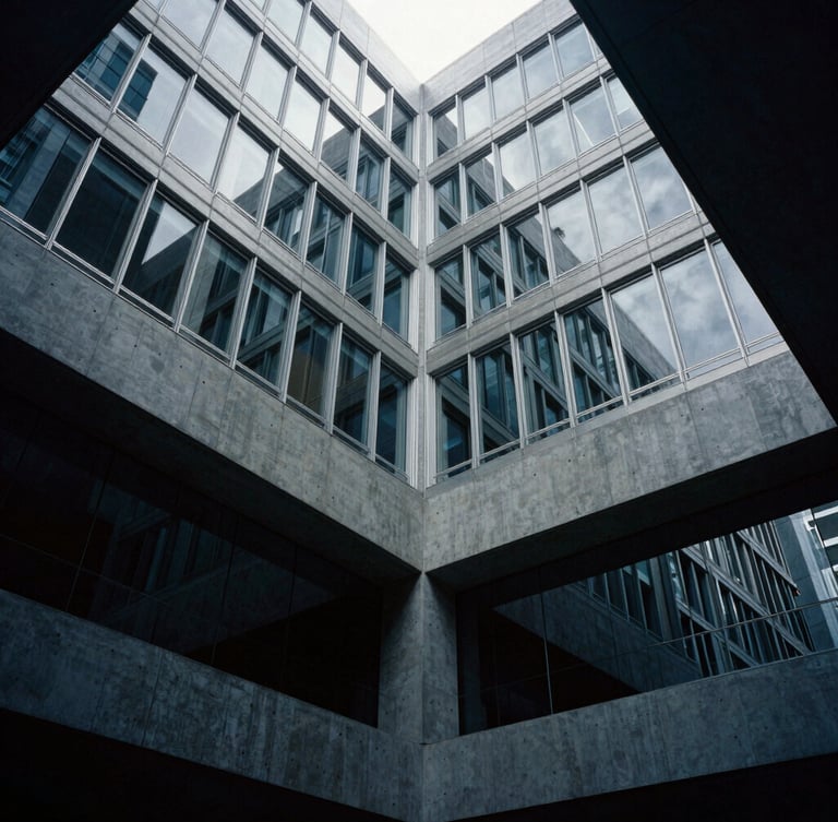 Architectural low-key photography of modern corporate headquarters interior, concrete and glass structures, cool silver light filtering through windows, high contrast, 35mm lens