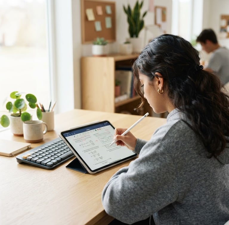 Over-the-shoulder shot of a high-school student actively writing on a digital tablet, bright natural daylight, clean modern study space, soft focus background