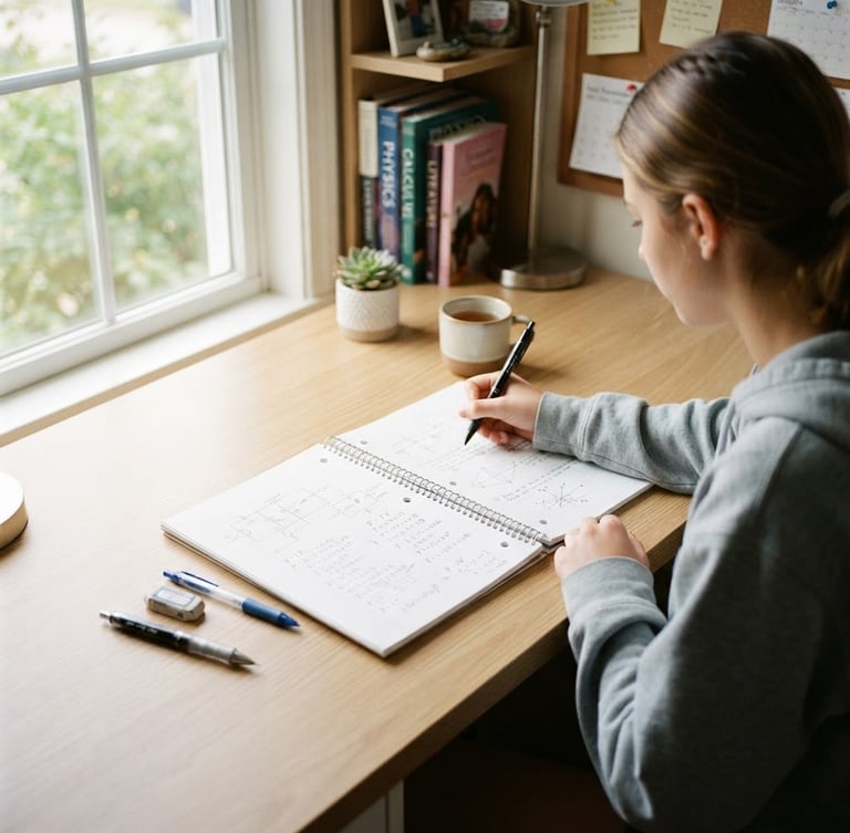Bright editorial photography of a high-school student's modern study space, natural daylight, clean desk with open notebooks showing hand-drawn physics diagrams, soft focus background, authentic and candid, 35mm lens