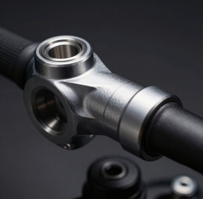 Macro close-up of machined aluminum motorcycle handlebar risers on a dark gray background, dramatic low-key studio lighting with sharp metallic highlights