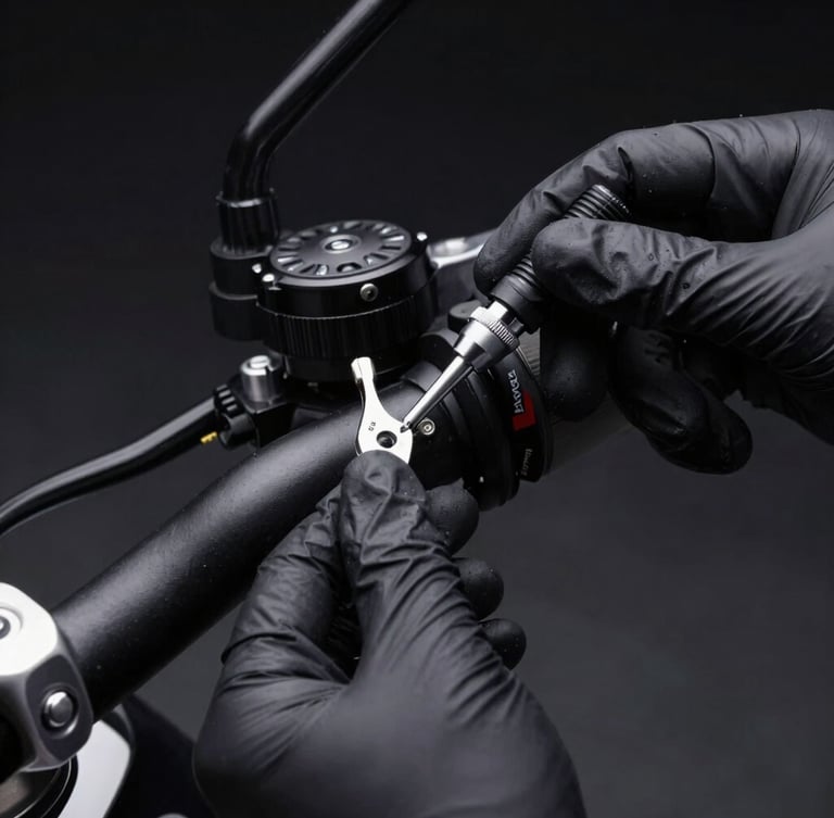 Close-up, detailed shot of a quality control engineer inspecting a motorcycle handlebar grip with precision tools, dramatic low-key studio lighting, matte black and metallic silver tones, sharp macro lens, high-contrast details, portrait aspect