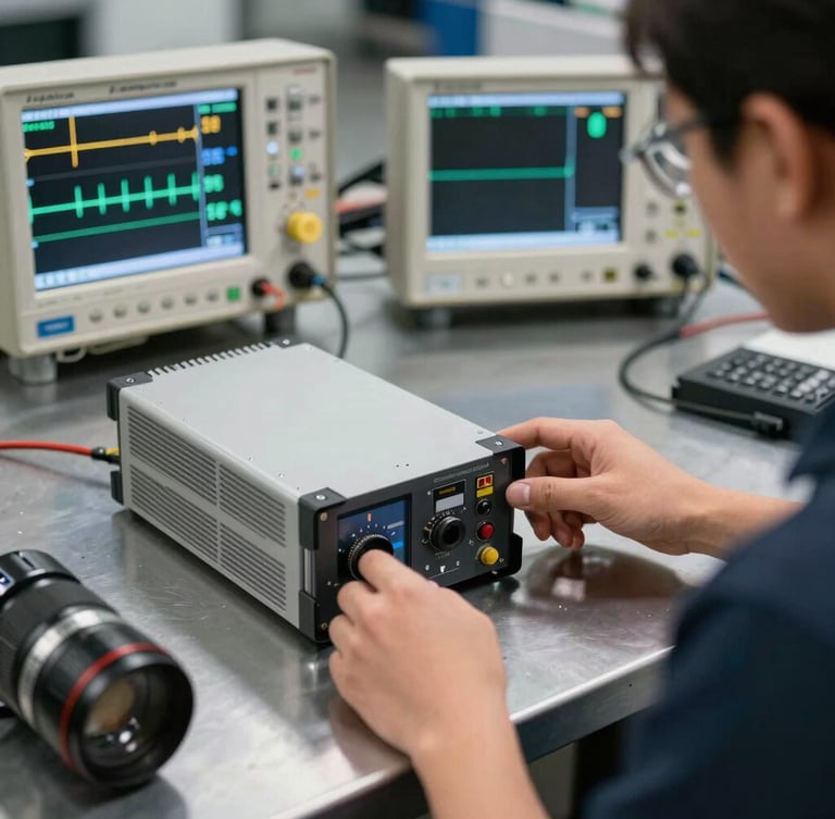 A technician testing an industrial inverter on a metal workbench with digital oscilloscopes and diagnostic equipment showing voltage waves