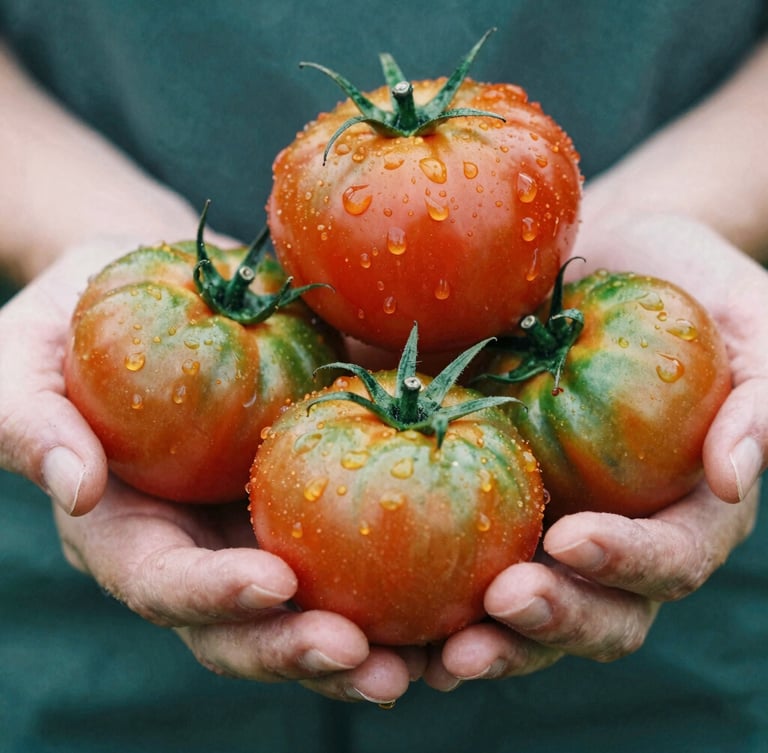 Close-up of weathered hands holding vibrant heirloom tomatoes with dew drops, soft early morning northern daylight, rich matte green and deep crimson tones, shallow depth of field