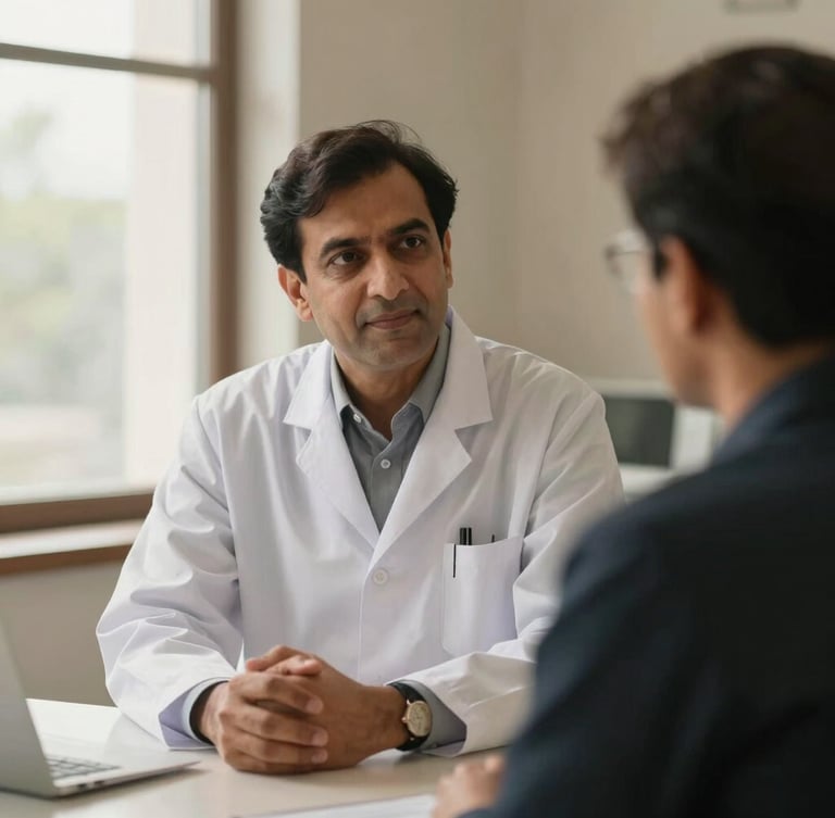 Dr. Omar Chughtai Khan in thoughtful clinical consultation, warm side-lit window daylight, high-end medical editorial style, 35mm portrait