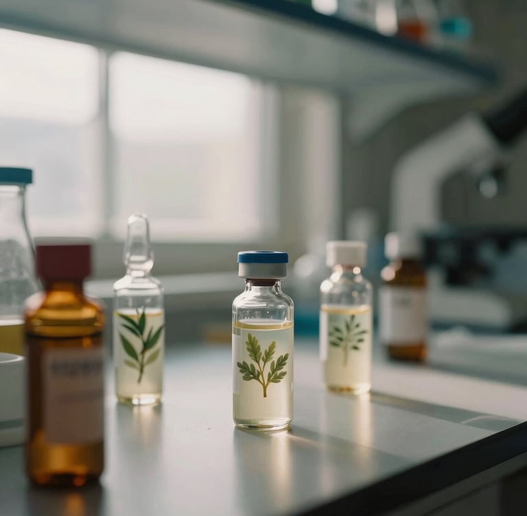 A close-up of botanical formulations and glass vials in a modern clinical laboratory, soft natural side-lit window daylight, muted earth tones, shallow depth of field, 35mm