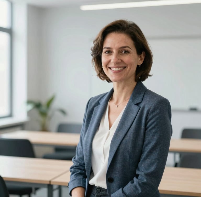 A professional environmental portrait of a native language teacher smiling in a modern Belgrade office, bright natural daylight, clean slate grey background, high-trust aesthetic.
