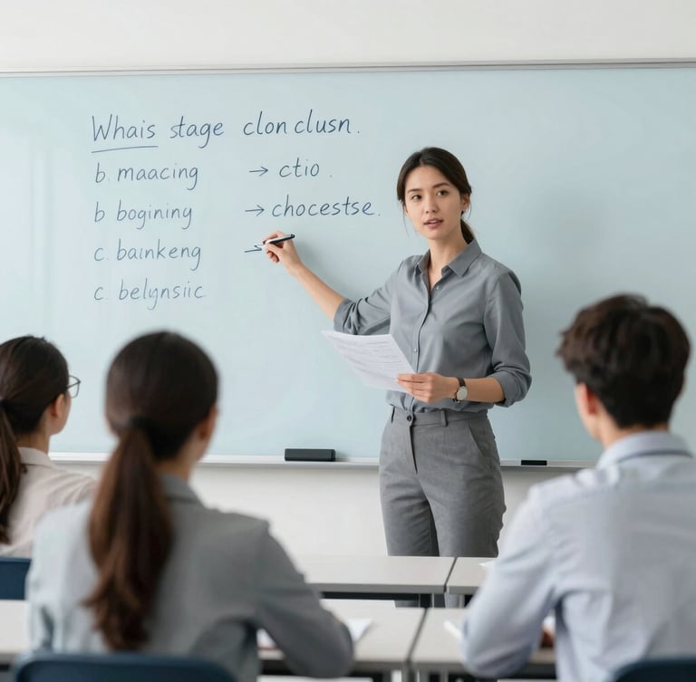 Bright modern classroom in Belgrade, professional native teacher explaining grammar structure on a clean board to adult students, daylight, shallow depth of field