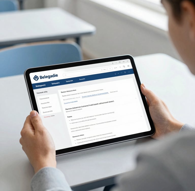 A close-up of a modern tablet displaying an academic dashboard, held by a student sitting in a bright Belgrade classroom with soft blue accents, natural daylight, shallow depth of field.