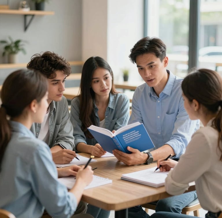 A group of diverse adult students sitting in a modern, sunlit Belgrade cafe, discussing a textbook with a Serbian language teacher, bright editorial daylight, shallow depth of field, professional.