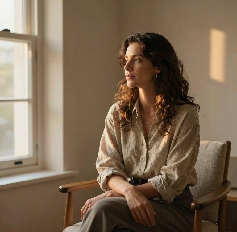Warm editorial portrait of a female curator sitting in a sunlit, minimalist room with linen textures, soft golden-hour window light, rich textures, shallow depth of field.