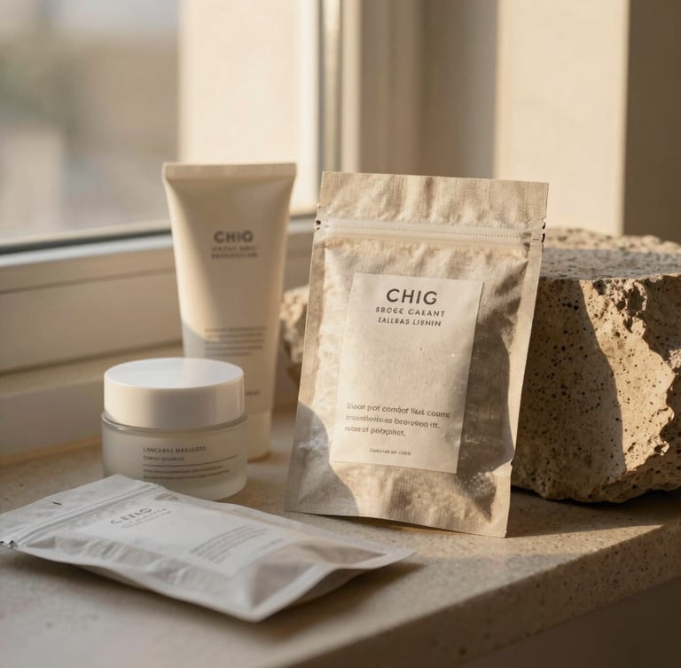 Close-up of beautifully packaged clean beauty products on raw stone surfaces, soft golden-hour window light, muted linen tones.