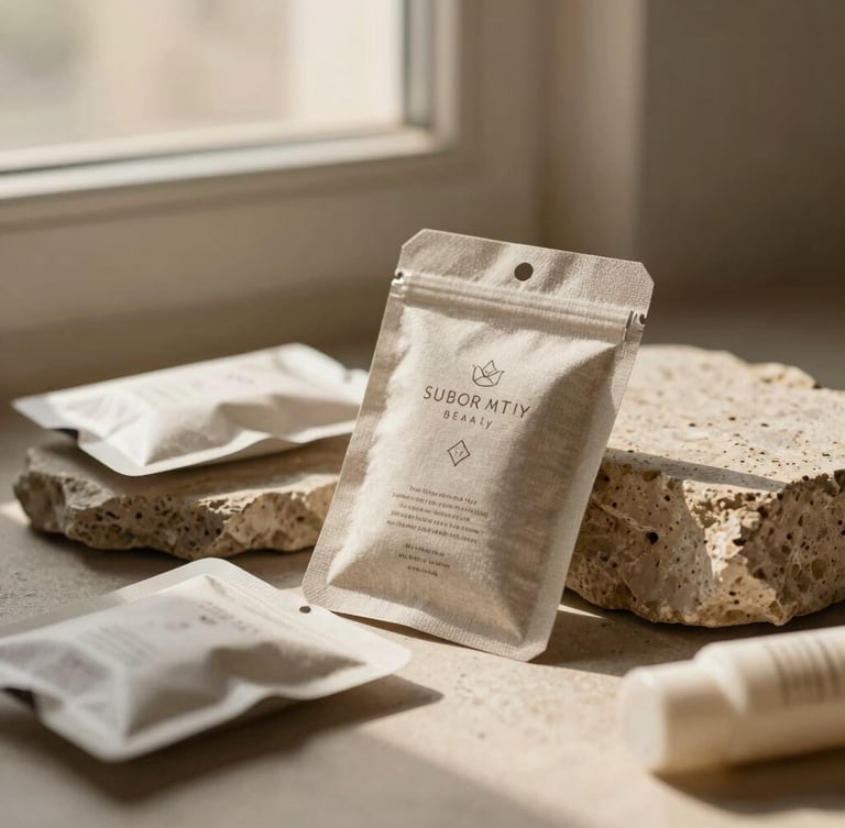 Close-up of beautifully packaged clean beauty products on raw stone surfaces, soft golden-hour window light, muted linen tones, rich textures, shallow depth of field