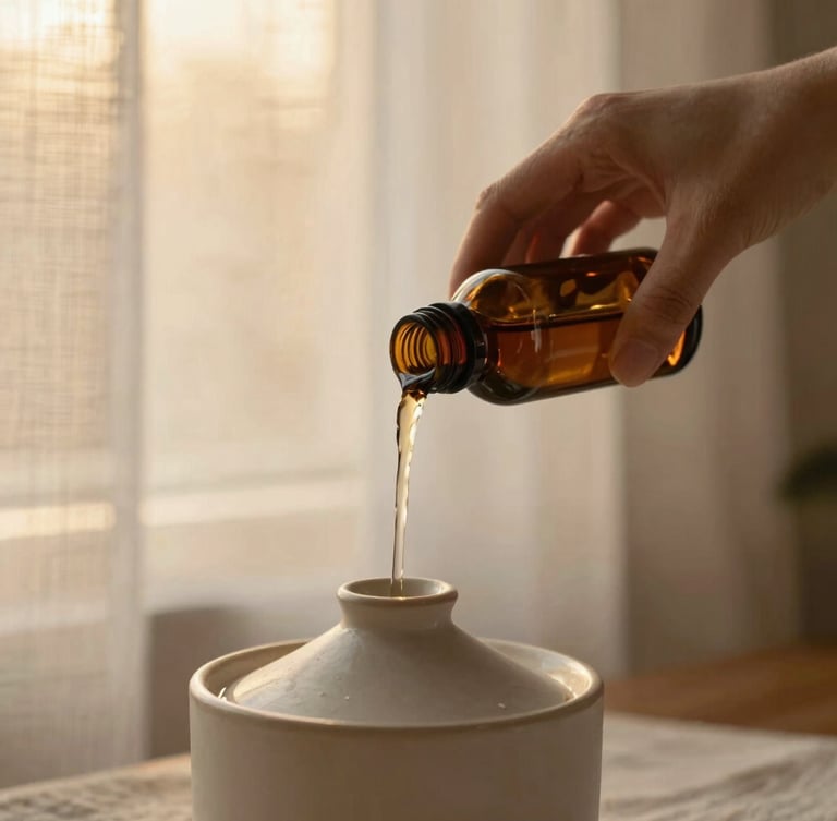 Hands pouring clean essential oils into a ceramic diffuser, warm golden-hour light, soft linen background, shallow depth of field