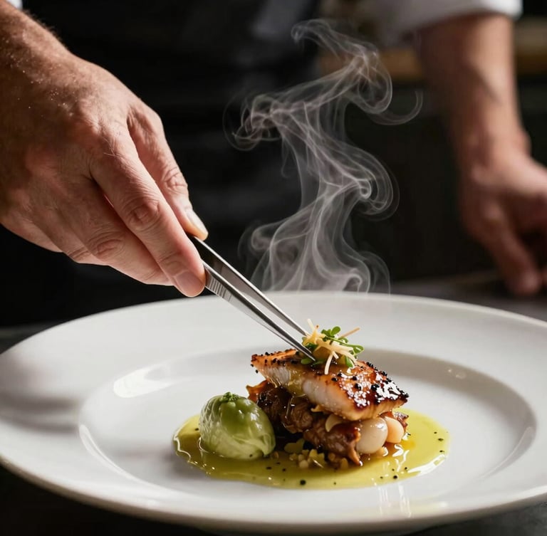 Close-up dramatic shot of a chef plating a dish with tweezers under warm, directional kitchen pass light, steam rising, dark background.