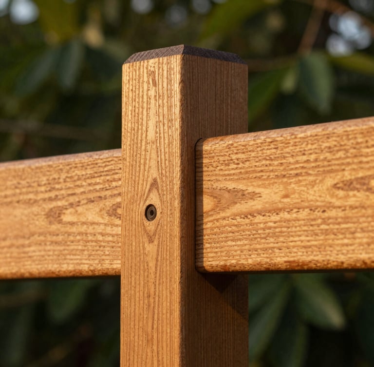 A macro close-up photograph of an interlocking wood joint of a pergola, showing the fine grain of warm honey-oak timber, no visible screws, soft golden-hour light, shallow depth of field