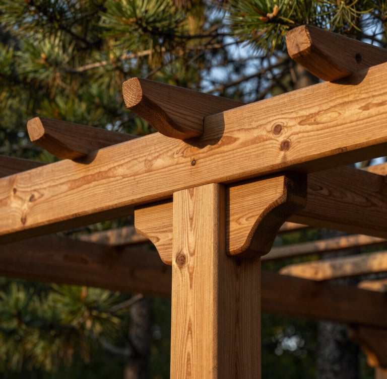 Macro shot of interlocking wooden joints of a pergola, warm golden-hour sunlight filtering through pine trees, rich honey-oak wood grain, shallow depth of field, 35mm