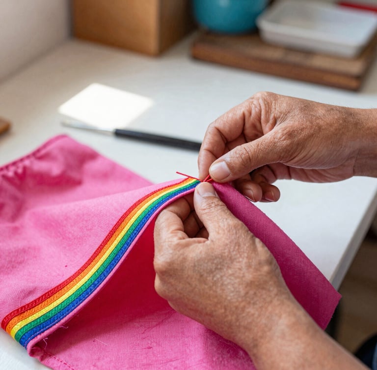Hands of a Mexican artisan carefully stitching a colorful pink fabric for a pet garment in a bright, sunlit workshop, warm editorial documentary photography