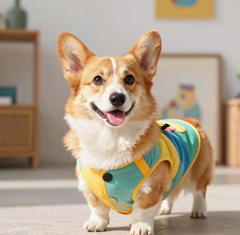Eye-level portrait of a happy, unique-shaped corgi wearing a colorful custom-fit handmade vest, bright warm natural daylight, Celaya workshop background, 35mm lens