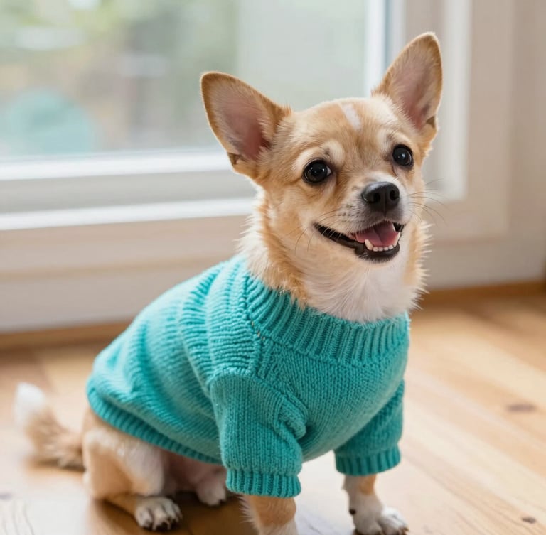 A happy small dog wearing a vibrant teal knitted sweater, sitting comfortably on a wooden floor in warm natural window light, close-up shot focusing on the fabric texture and neat stitching.