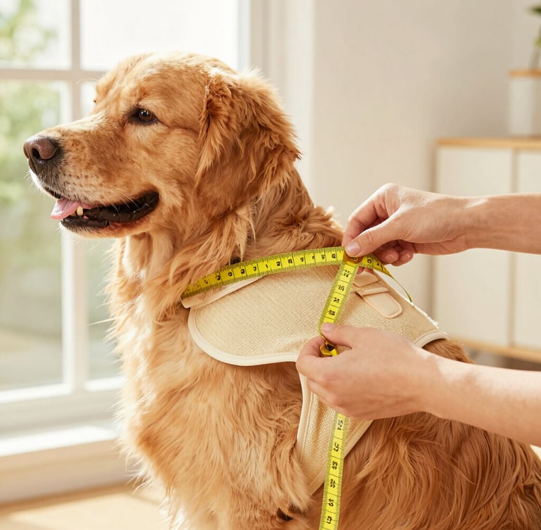 Warm editorial close-up of hands gently measuring a golden retriever's chest with a yellow tape measure, soft natural daylight, showing the fabric texture of a prototype vest.