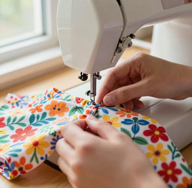 Close-up of hands carefully sewing a colorful floral pet shirt on a vintage sewing machine, warm natural window light, soft focus, detailed fabric texture