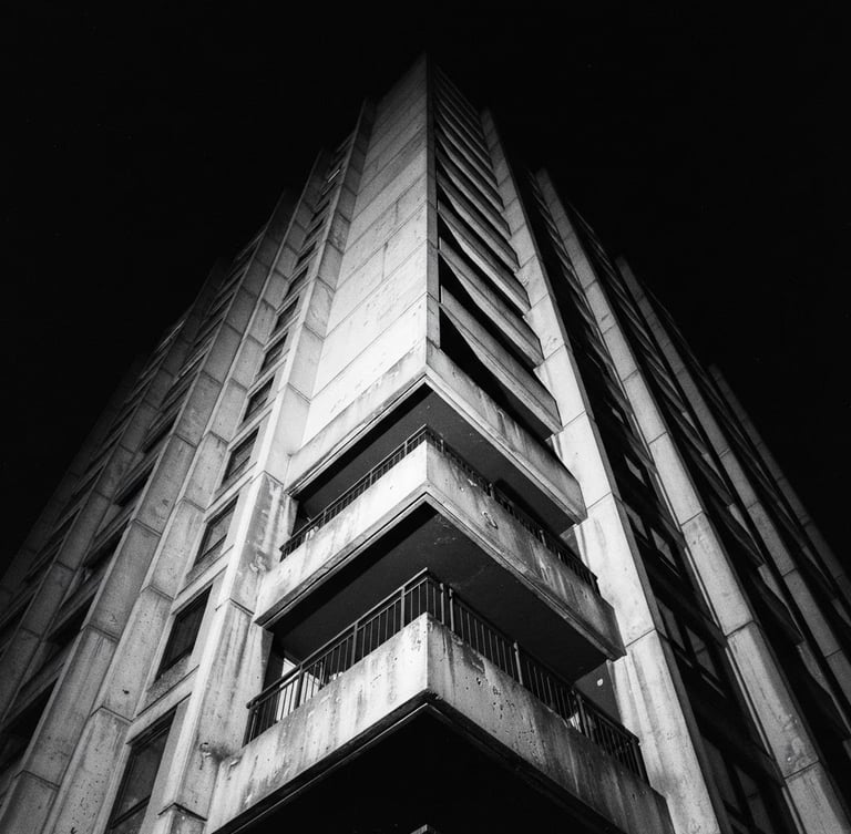 Stark black and white architectural angle of a concrete London building, harsh direct flash, deep shadows, high contrast, 35mm