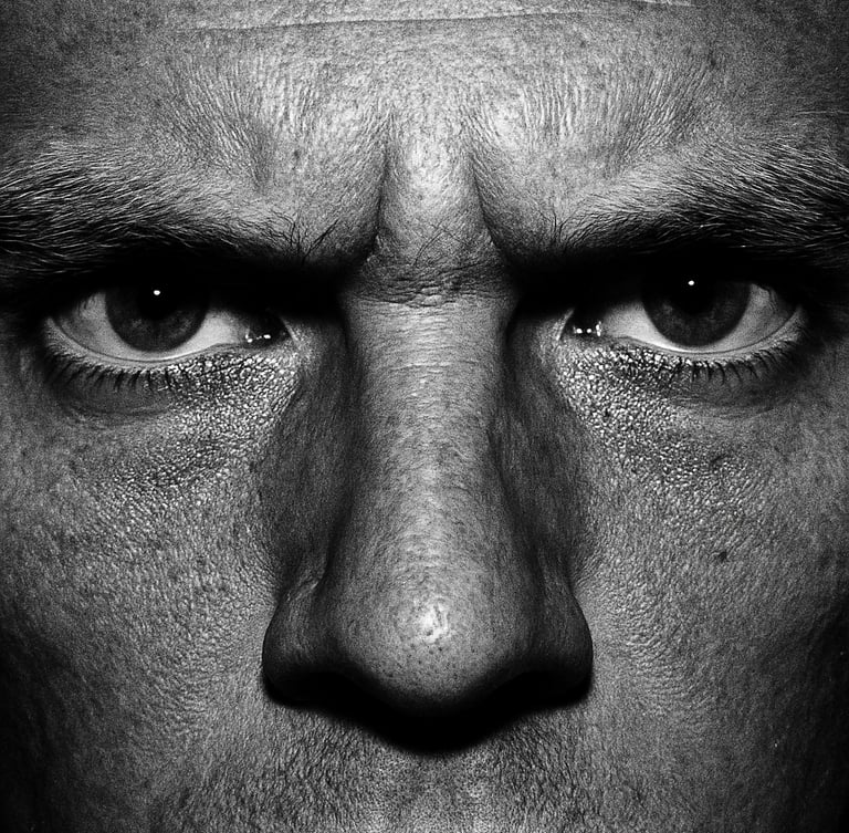 Extreme close-up of intense, serious human eyes staring directly into the lens, harsh direct flash, high contrast black and white photography, gritty editorial, 35mm